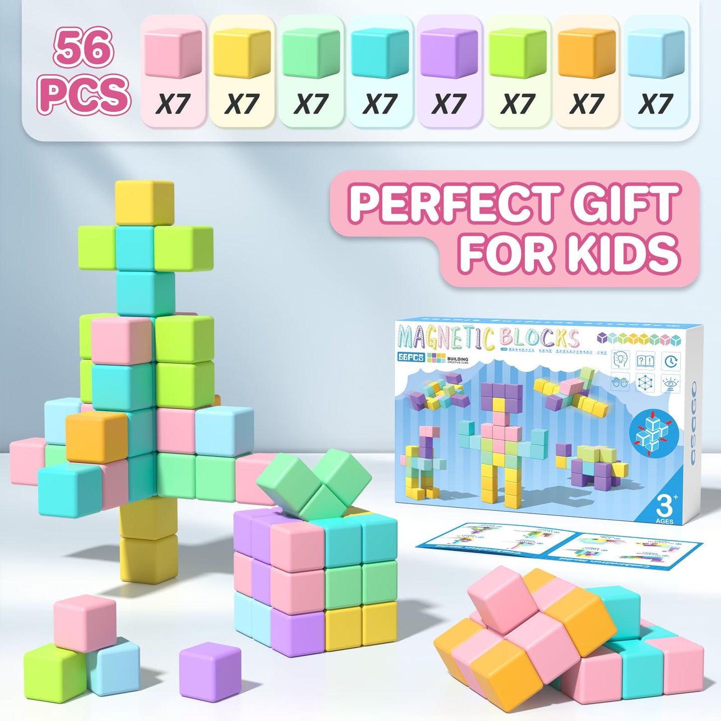 Asago Magnetic Blocks for Toddlers – 56Pcs Large Macaron Building Cubes