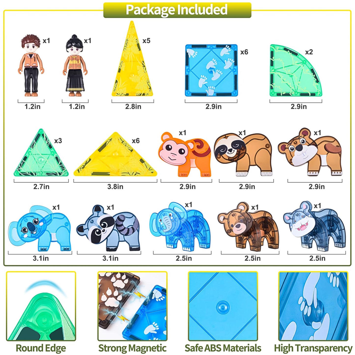 Asago Magnetic Tiles Set – Safari Animals 62-Piece STEM Building Toys for Kids 3-7