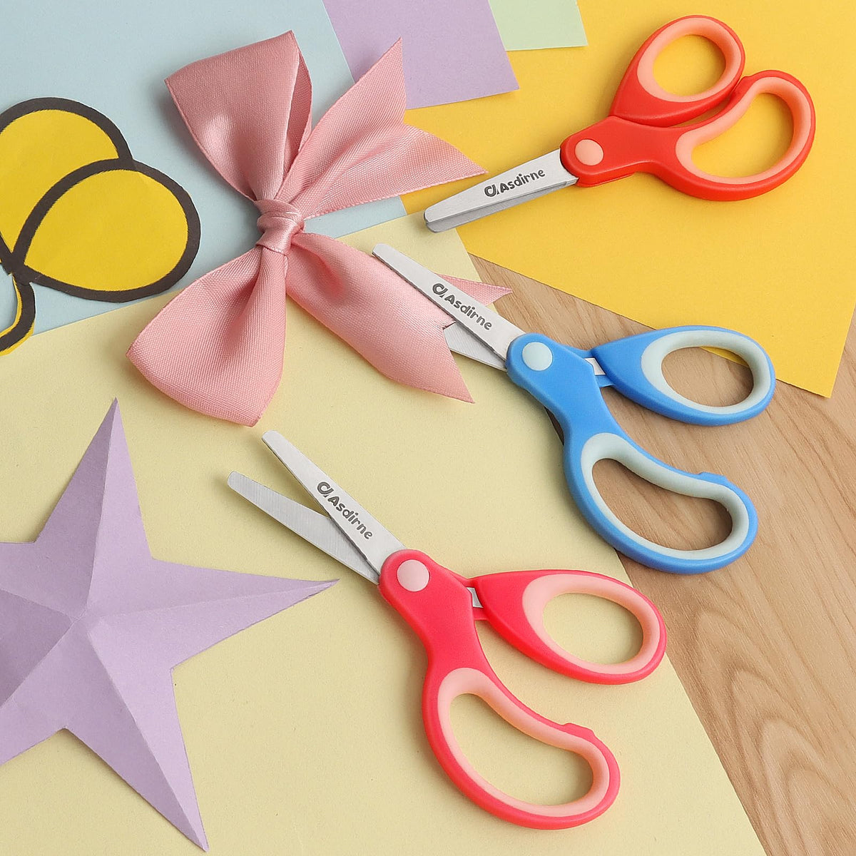 Asdirne Left-Handed Kids Scissors – 3 Pack, Safety Blunt Tip, Stainless Steel Blades, Soft Grip