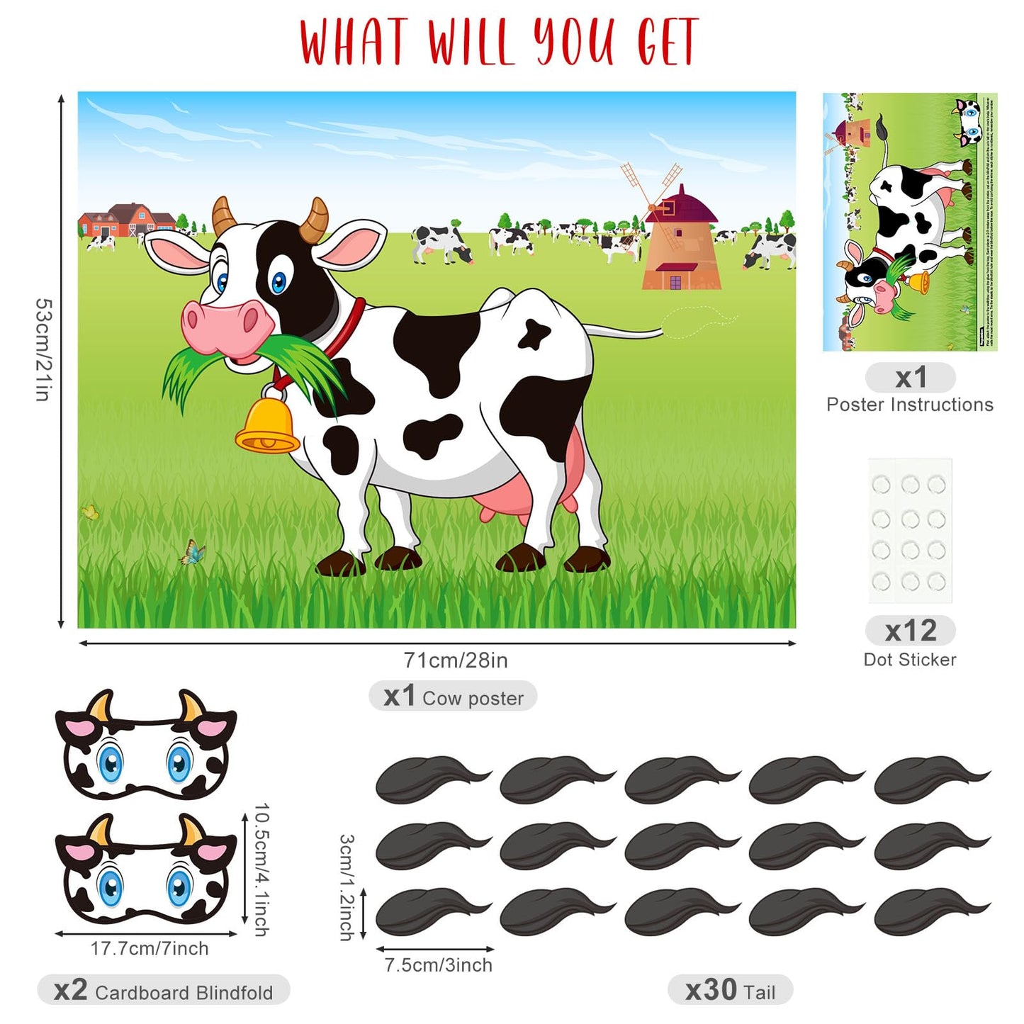 ASTARON Pin The Tail on The Cow Game — 30 Tail Stickers for Farm Party Fun