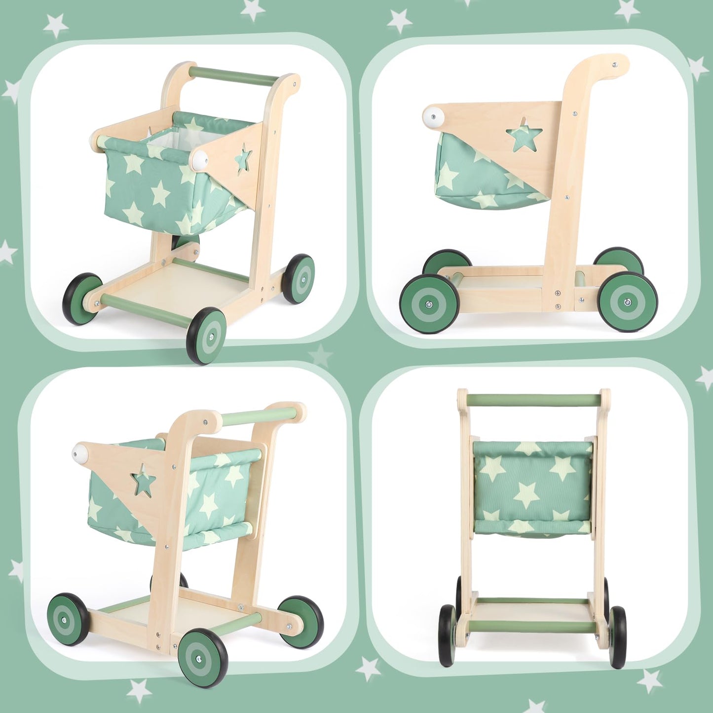 Asweets 2-in-1 Wooden Baby Walker – Push & Pull Doll Stroller (Green)