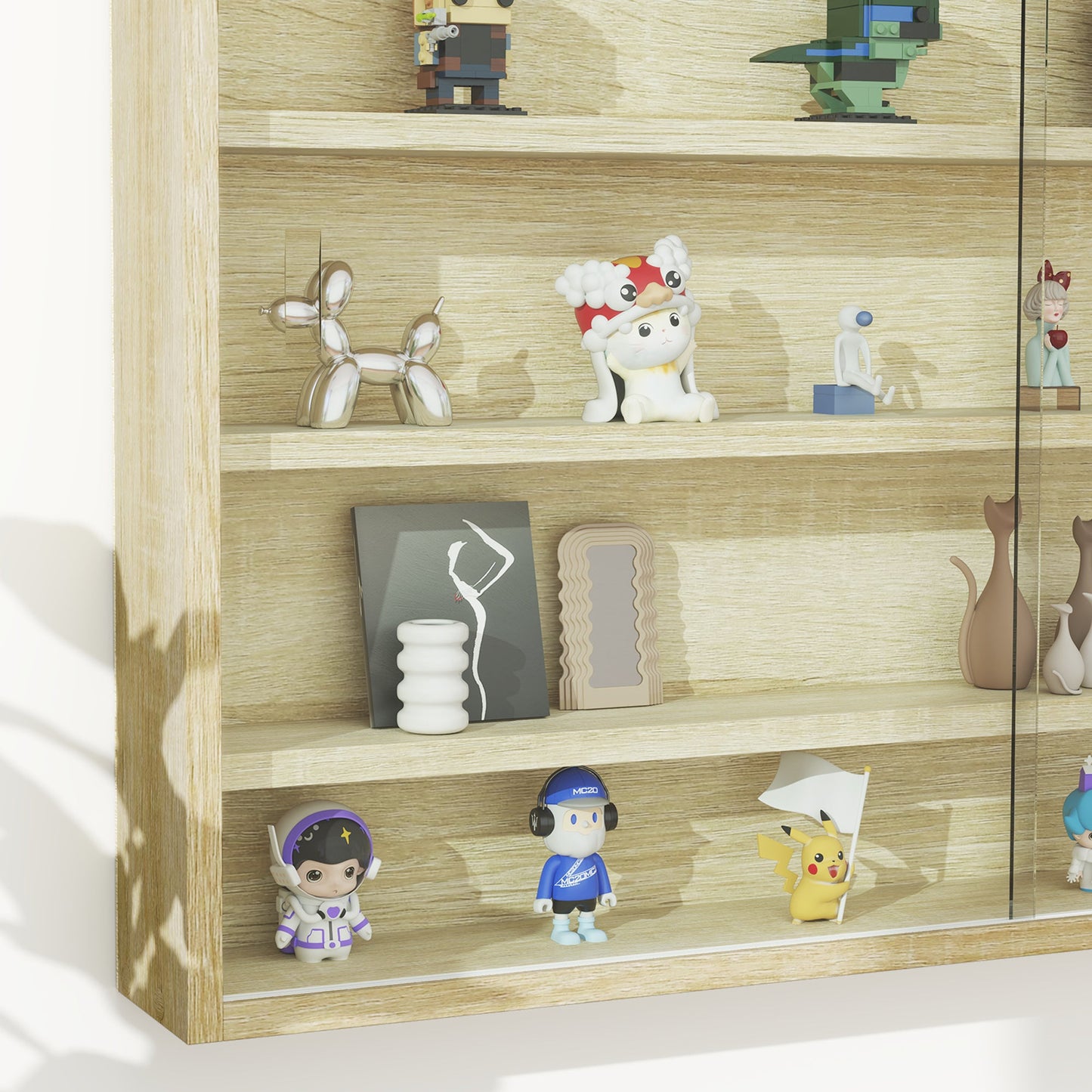 HOMCOM 5-Tier Wall Display Shelf Unit Cabinet w/ Shelves Glass Doors Oak