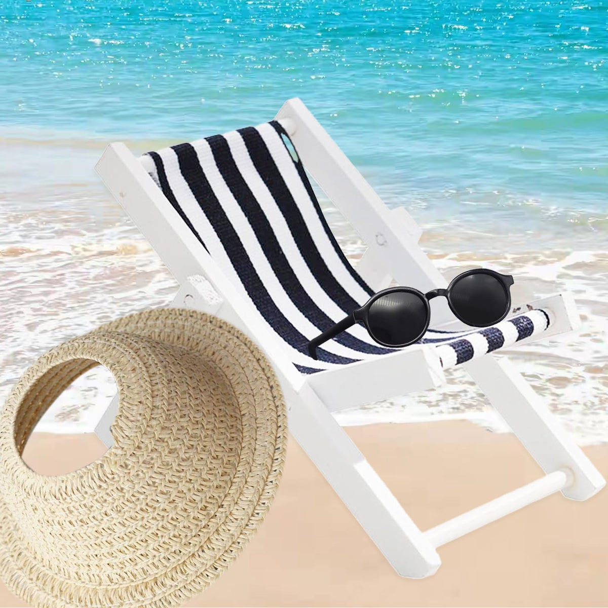 ATCCPYDM 17cm Doll Accessories Set – Mini Beach Hat, Sunglasses & Wooden Folding Chairs (Labubu 15/17cm Compatible)