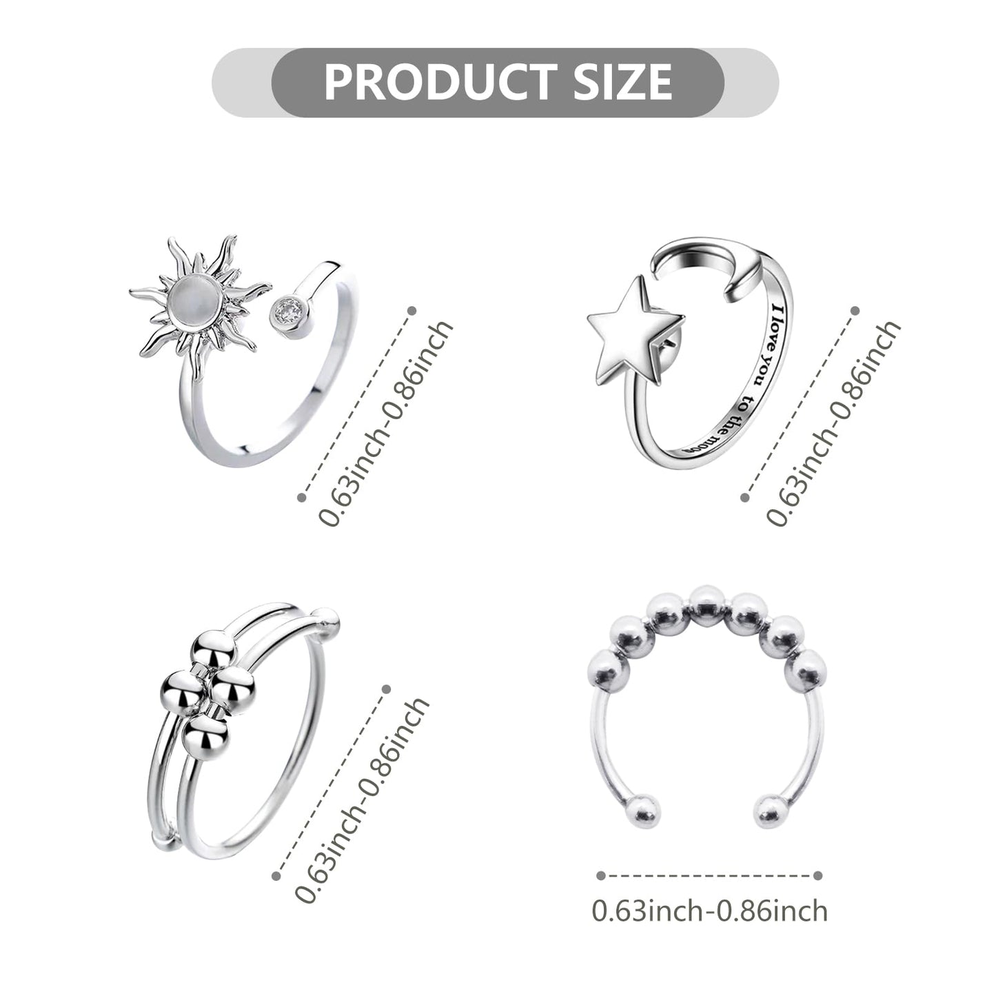 ATCEME 4PCS Fidget Rings for Women | Adjustable Spinner Set – Sun Moon Star Bead, Stainless Steel