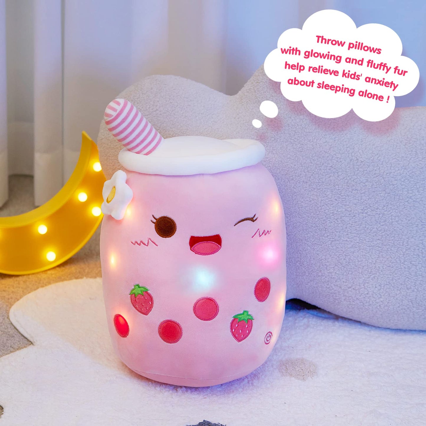 Athoinsu Light Up Strawberry Milky Tea Plush Pillow 15'' | LED Bubble Tea Toy