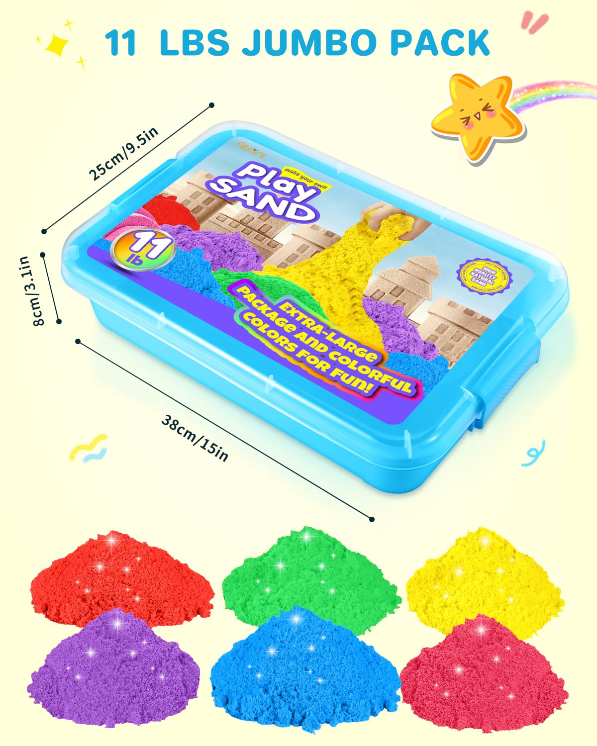 AtMini Play Sand for Kids – 11lbs of Six Colored Sands in a Blue Tray