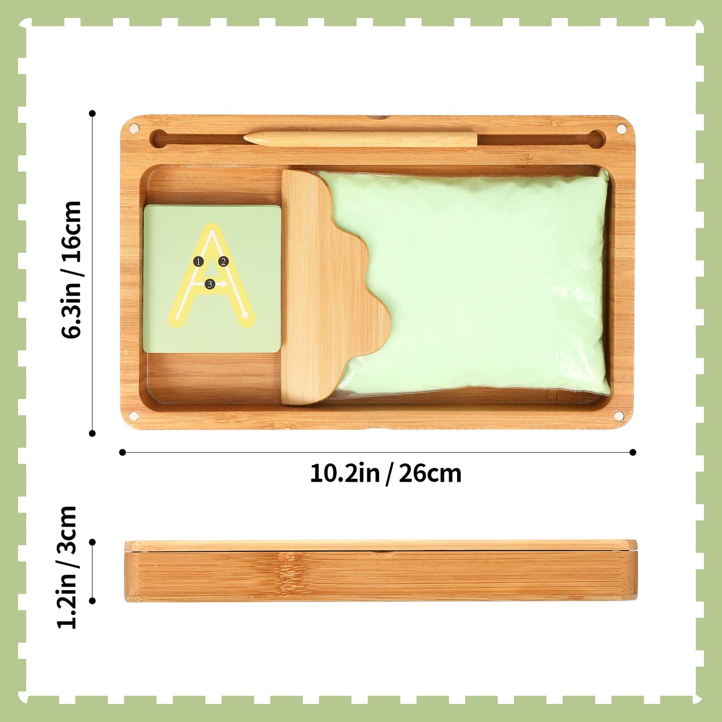 AtMini Sand Tray for Classroom – Wooden Montessori Tray with Lid, Letters & Cards (Green)