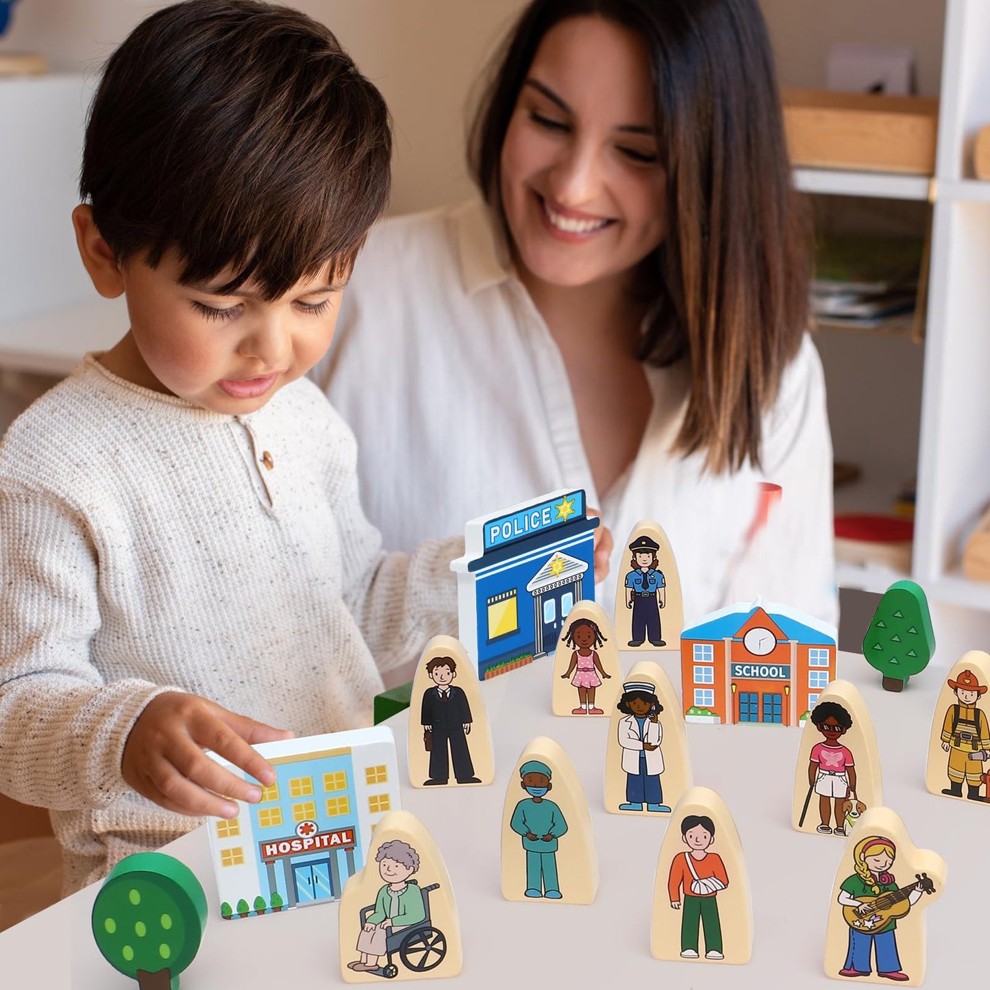 Atoylink 36Pcs Wooden Community Helpers – Pretend Play Toys for Kids Aged 3-6