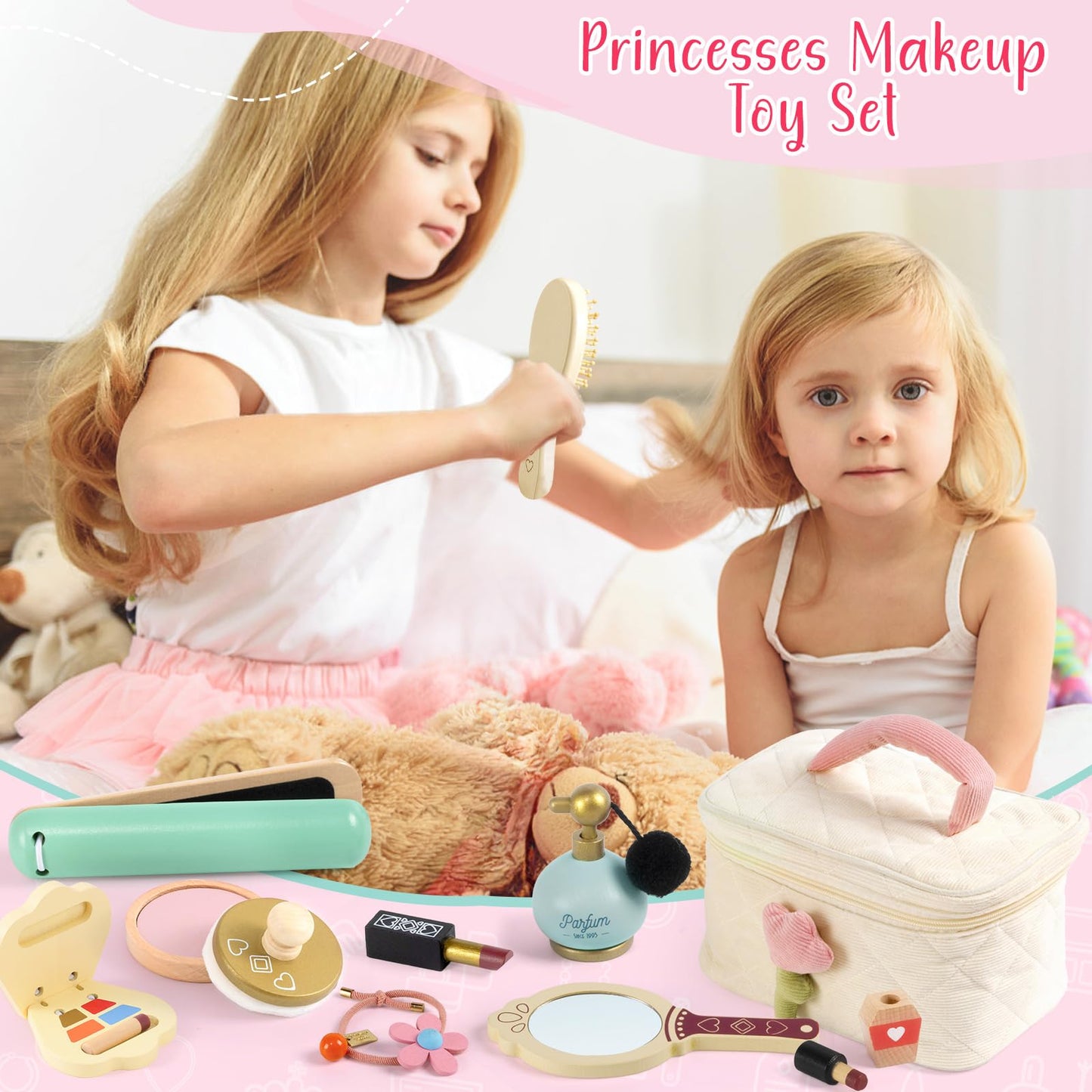 Atoylink Wooden Makeup Toy Set - 15-Piece Pretend Play Hair Salon Kit for Girls
