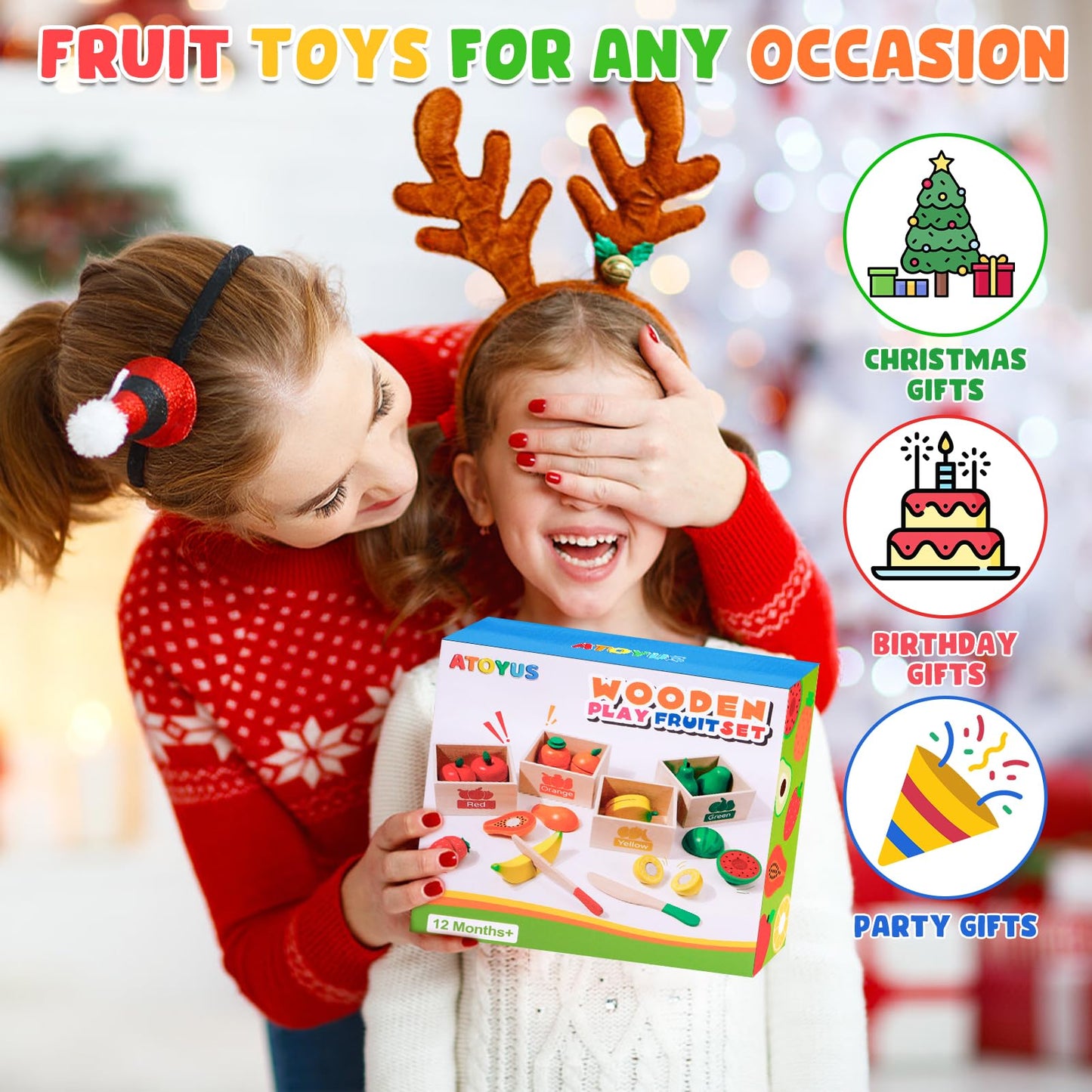 ATOYUS Wooden Play Food Set – Pretend Kitchen Toys for Toddlers 1-3 with 12 Fruit Pieces and Storage Boxes