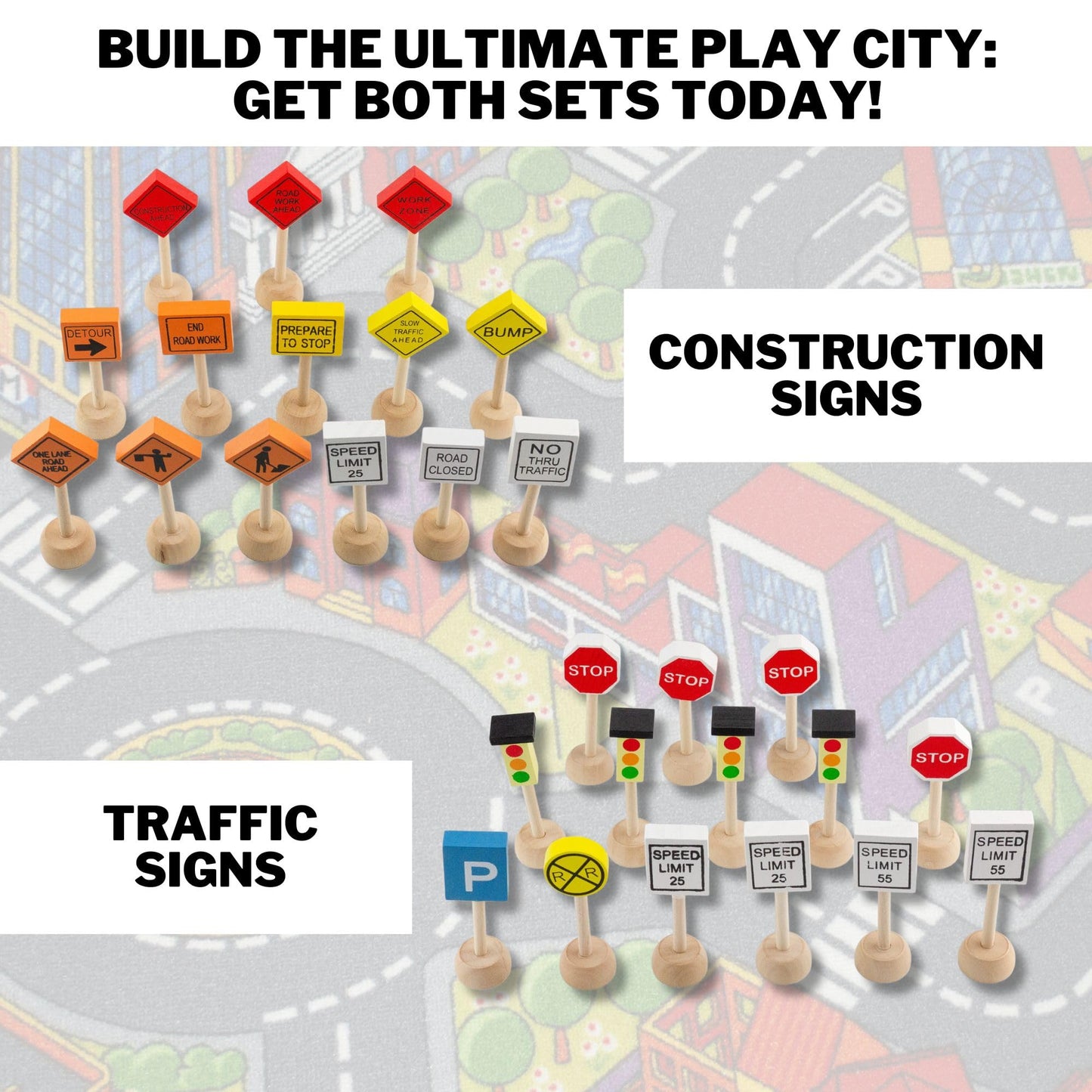 Attatoy Kids Wooden Street Signs Playset – 14-Piece Traffic Signs for 1:64 Cars & Trains