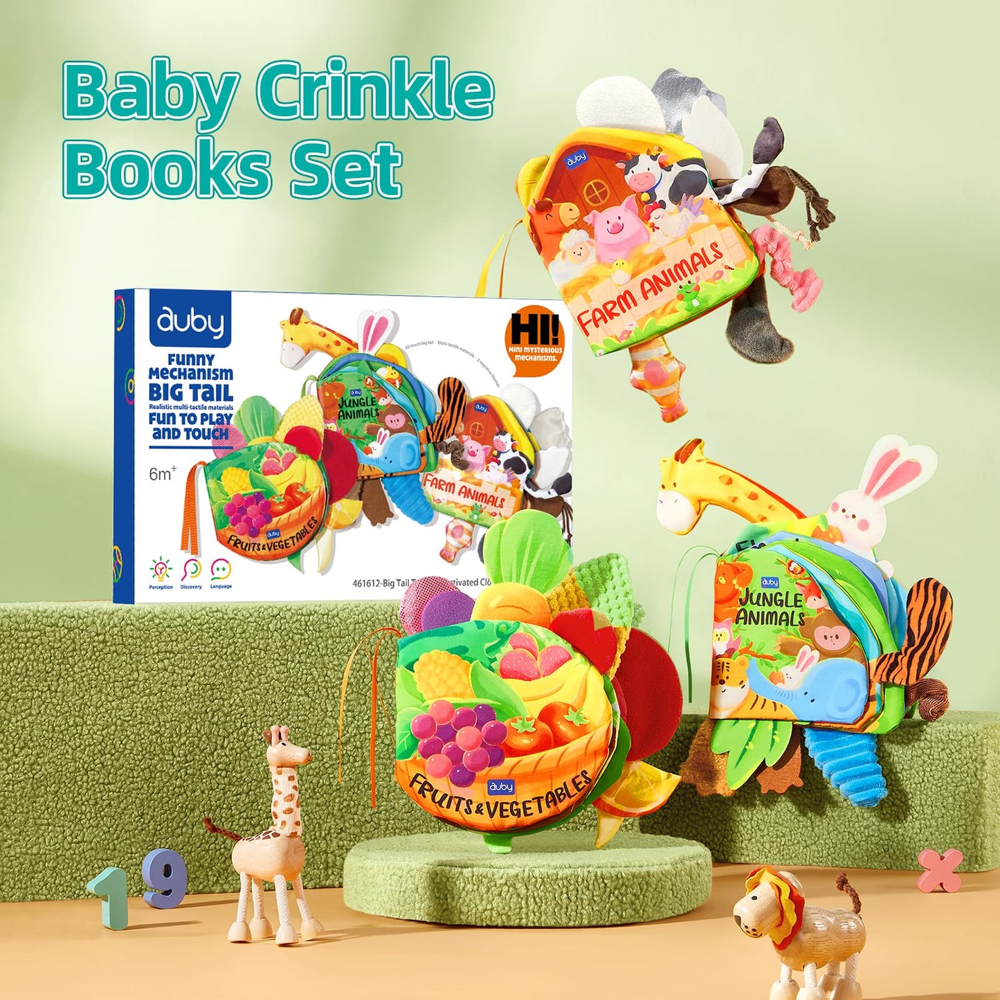auby Baby Cloth Books - 3 Pack, Soft Fabric with Crinkle Sound & Tactile Tails