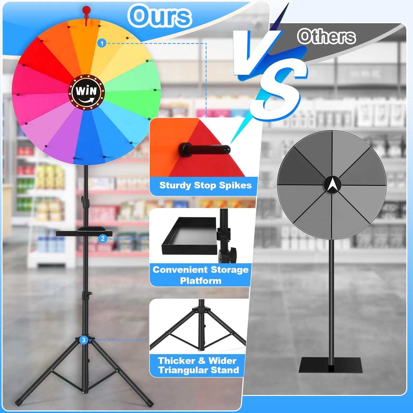 AugFir 24-Inch Spinning Prize Wheel — Adjustable Height (37–65 in) with Stand | 14 Color Zones