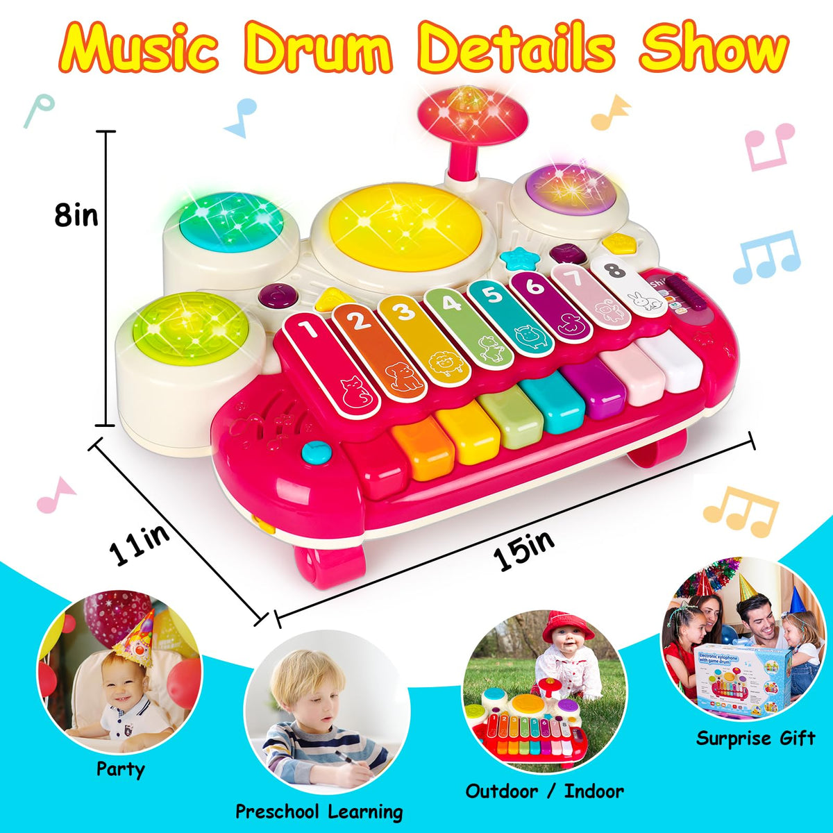 AugToy 3-in-1 Musical Toys for Toddlers (1-3) – Piano, Xylophone & Drum Set