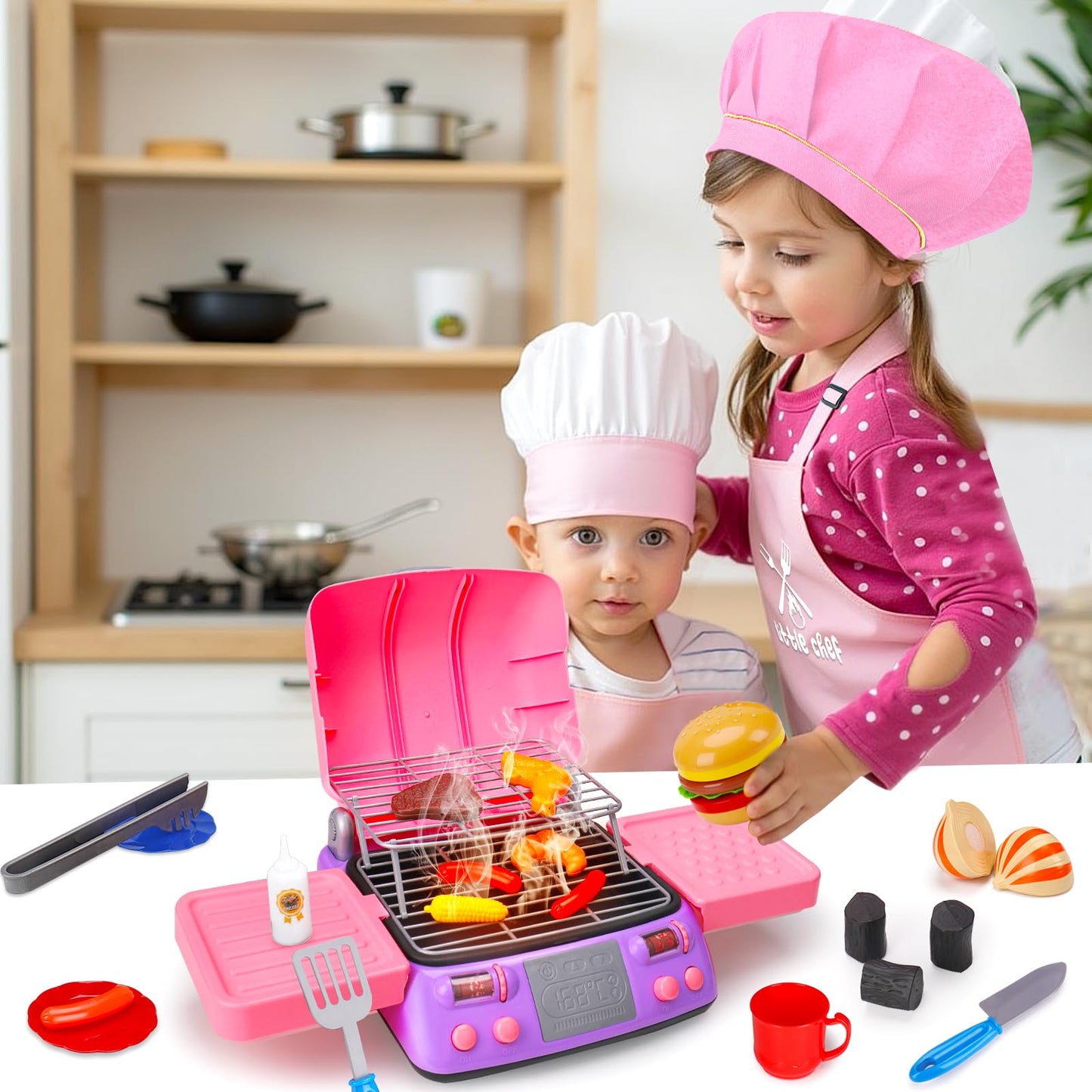 AugToy Kids BBQ Grill Playset with Apron Hat – Pink Pretend Kitchen Toy for Girls Aged 3-8