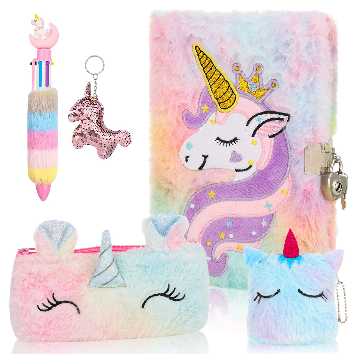 Auidy 6TXD Unicorn Plush Diary with Lock — Fuzzy Journal for Girls