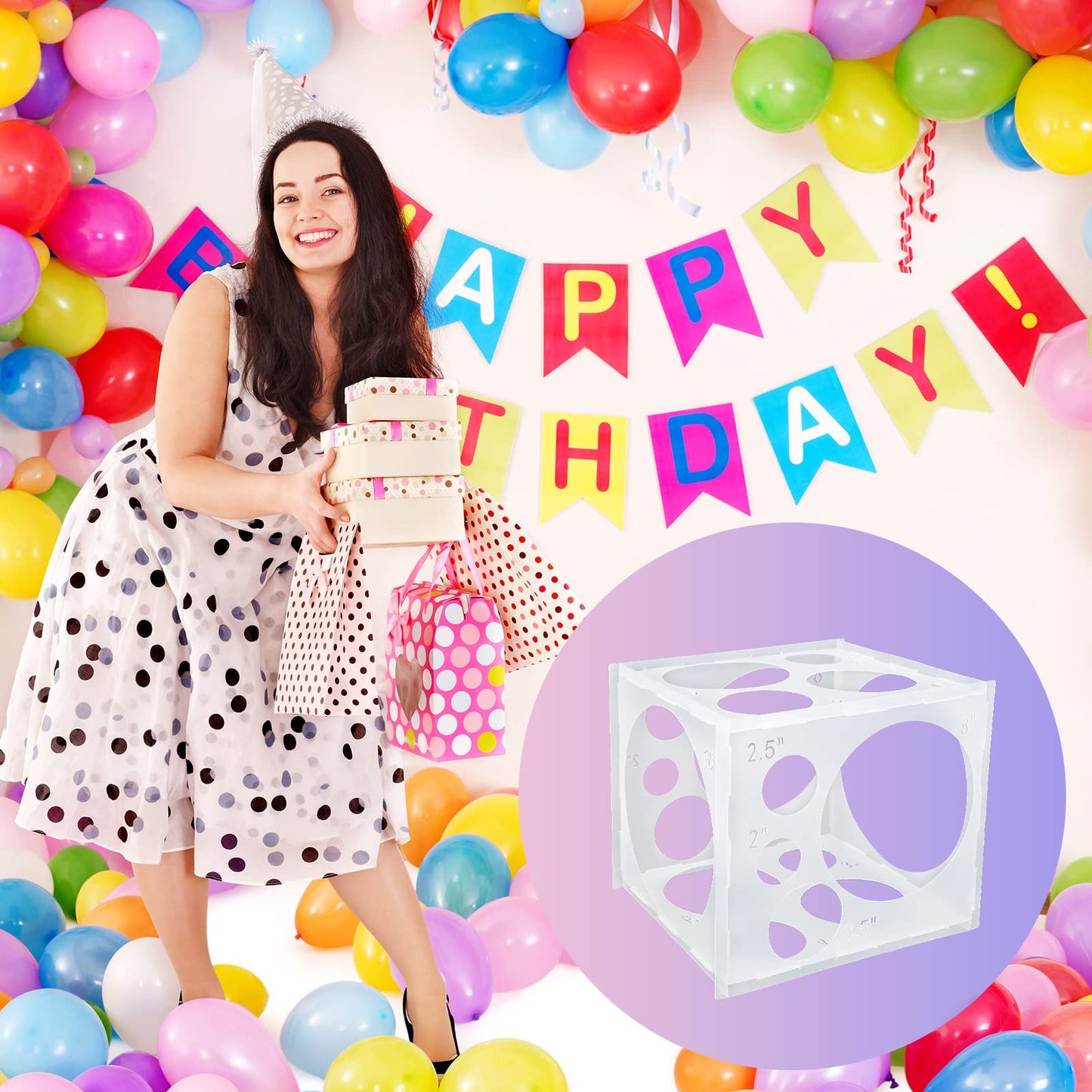 Auihiay 18-Holes Balloon Sizer Box Cube – Collapsible 2-10 Inch Balloon Size Measurement Tool for Garland, Arch & Columns