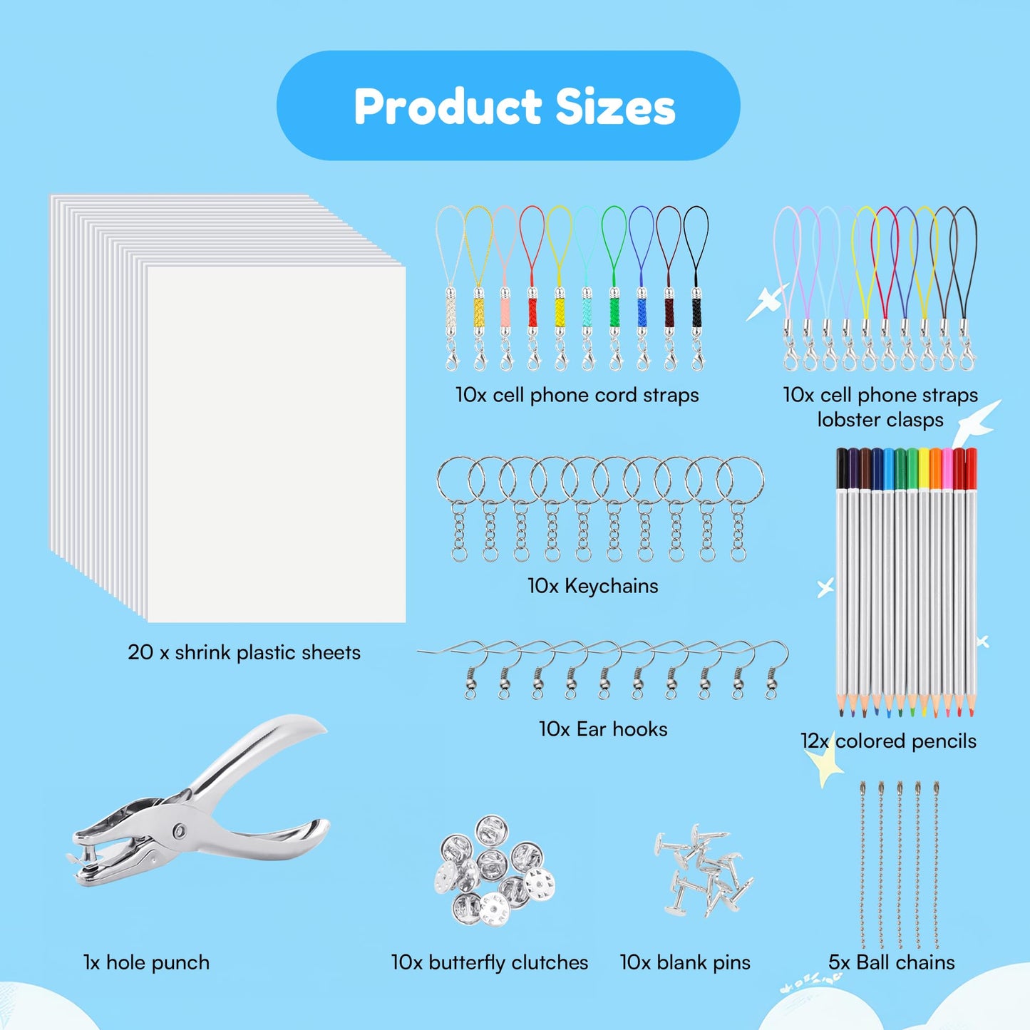 Auihiay 198-Piece Shrink Plastic Kit – Blank Sheets, Pencils, Hole Punch & Keychain Accessories