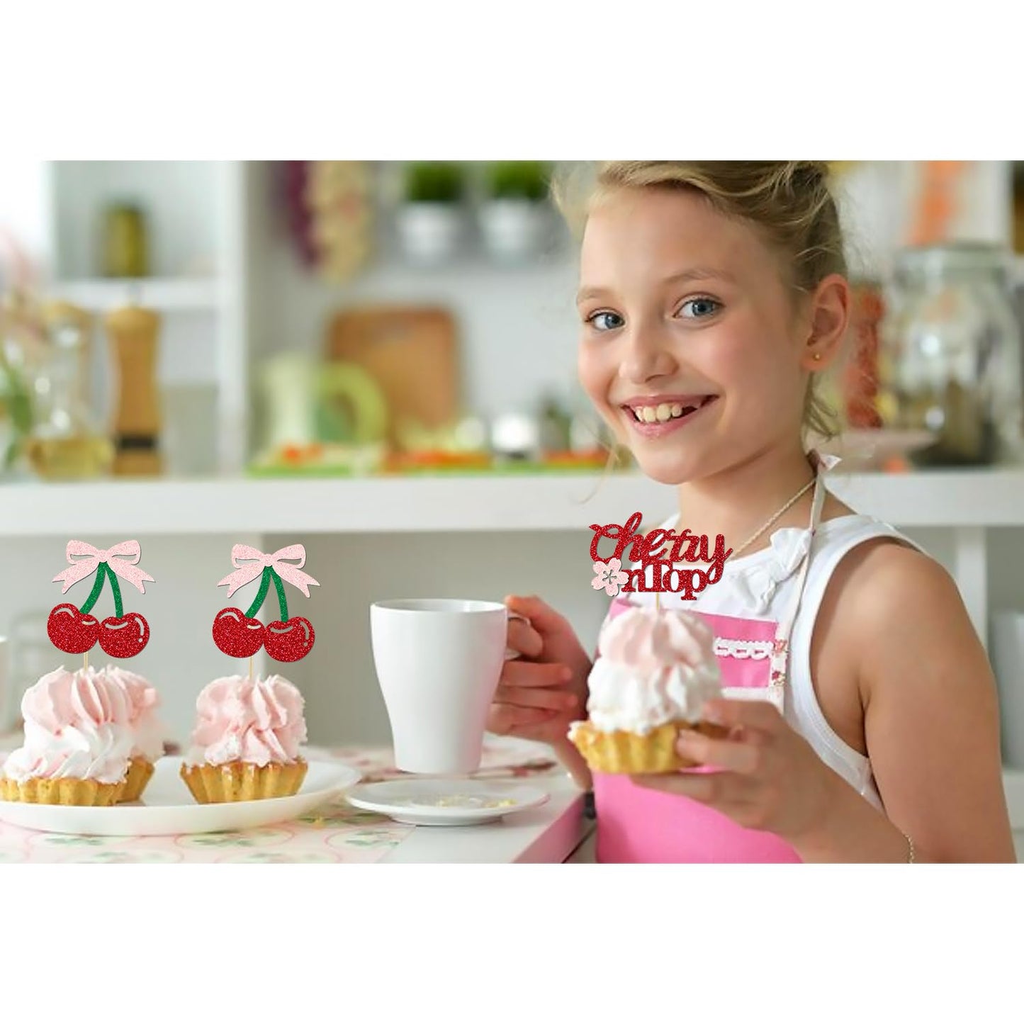 Aukolass 24 Pack Cherry Glitter Cupcake Toppers – Baby Shower & Bridal Decor