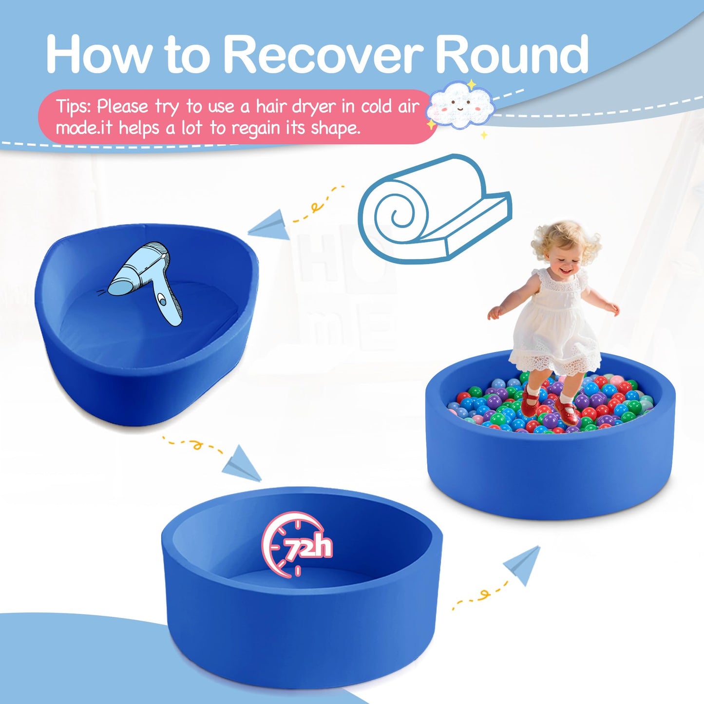 Aunekiv Foam Ball Pit for Toddlers — 35.4 x 11.8 in, Blue (Balls Not Included)
