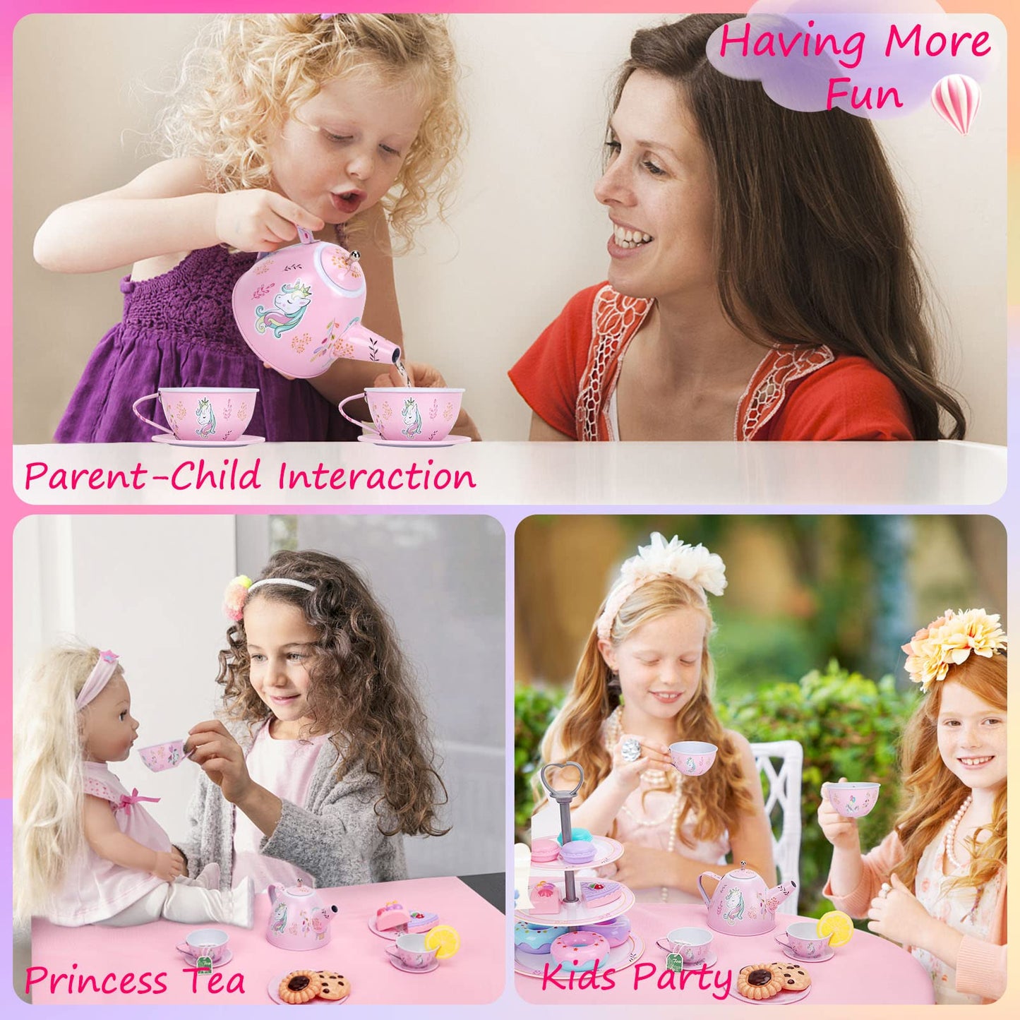 Auney Unicorn Tea Set 36pcs for Girls | Tin Tea Party Playset with Carrying Case