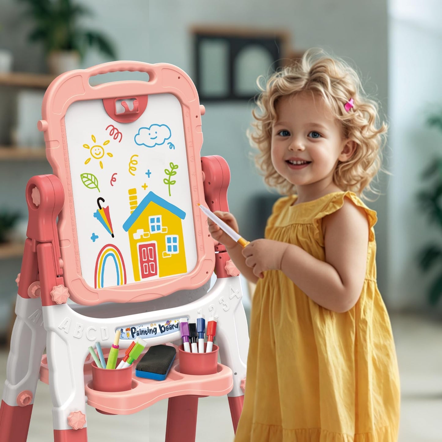 AuntyFey Double-Sided Kids Easel – Magnetic Whiteboard & Chalkboard (Ages 3–8) Pink & Purple