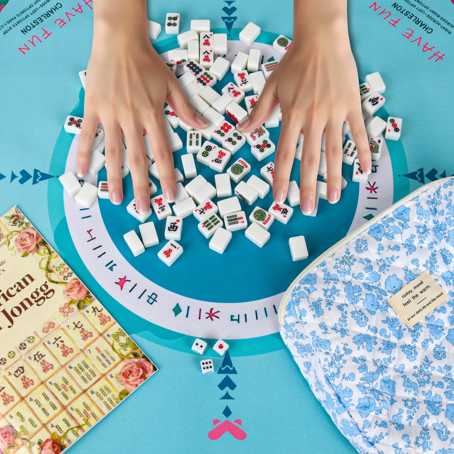 AurAlchemy Travel American Mahjong Tile Set – 166 Tiles, 0.8-inch Mini Size, Floral Bag, 4 Racks & 3 Dice