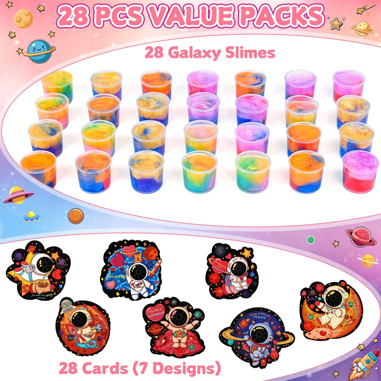 Aurdox 28-Pack Galaxy Slime Valentines Gifts for Kids Classroom — Non-Candy Cards & Prizes