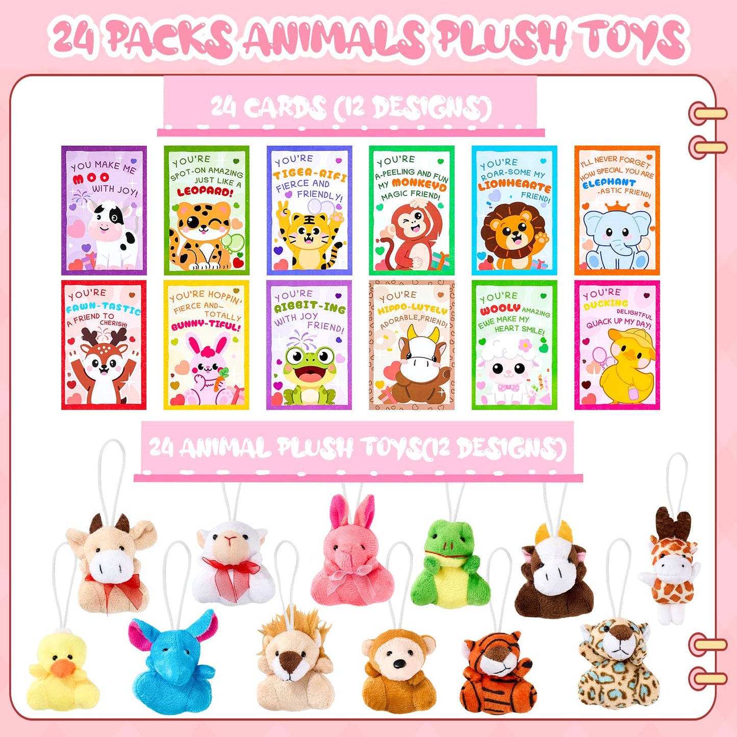 Aurdox 24-Pack Valentines Day Cards for Kids with Mini Plush Toys & Hanging Keychains – 12 Zoo Designs