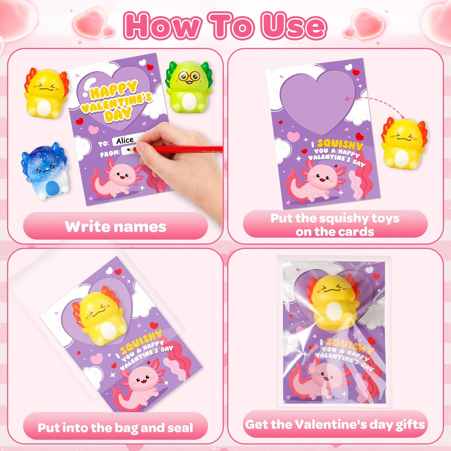 AuroTops Valentines Day Cards for Kids - 30 Axolotl Slow-Rise Squeeze Toys & Cards Set