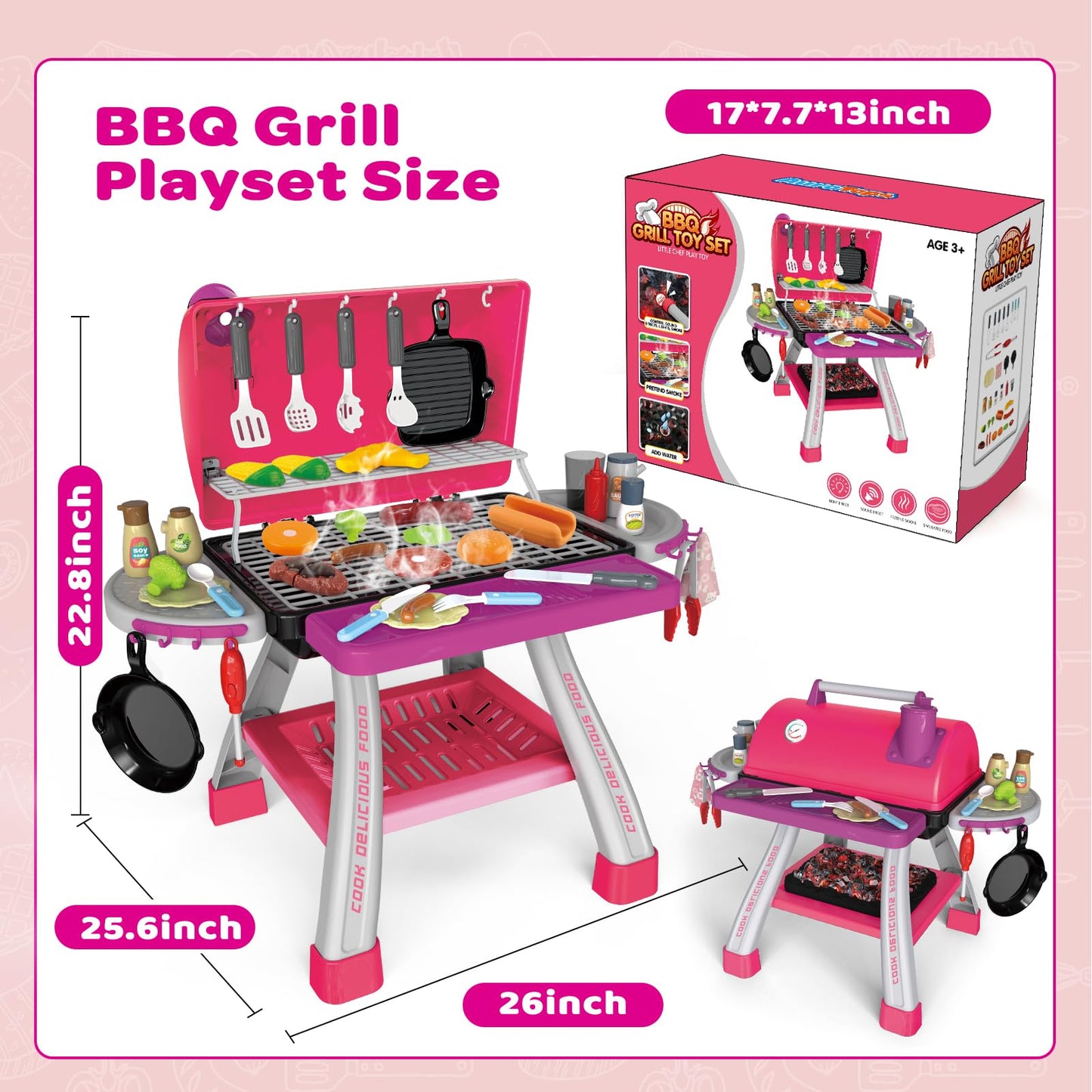 AuroTops Pink Kitchen Toy Set – Kids Grill Playset with Smoke, Sound & Light
