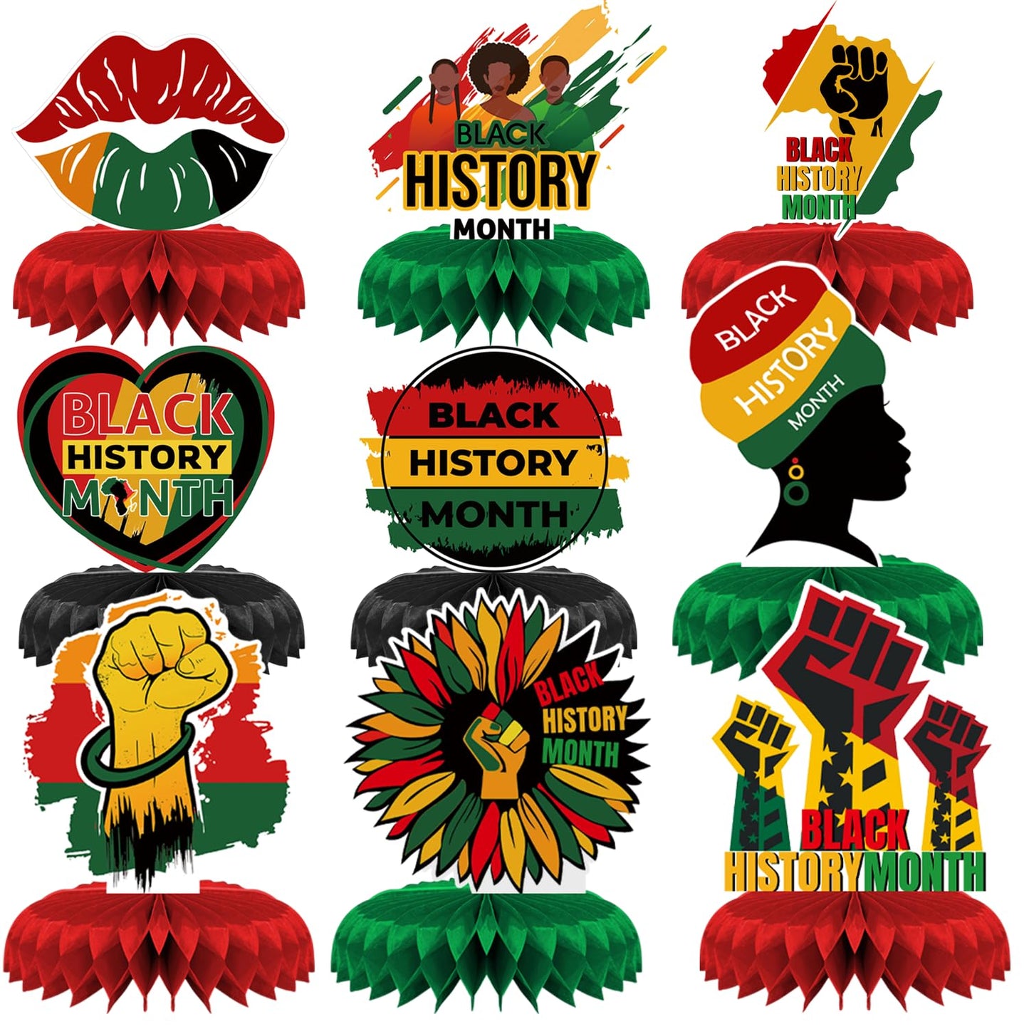 AUSHENKE Black History Month Centerpiece Set – 9 Honeycomb Table Decor (Double-Sided)
