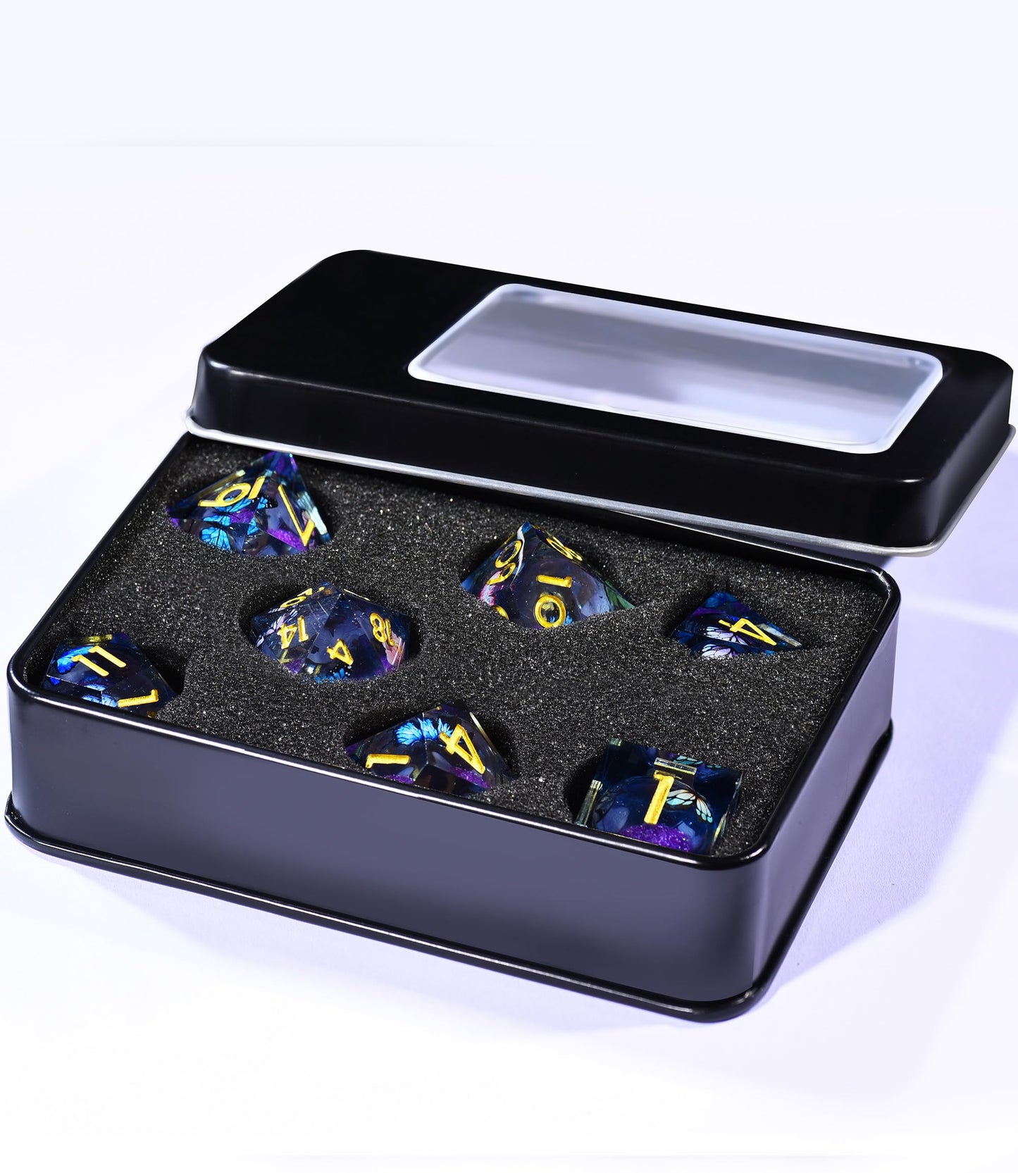 AUSTOR Liquid Core Butterfly Resin Glow Dice Set – 7-Die Sharp Edge Polyhedral for D&D & Tabletop Games