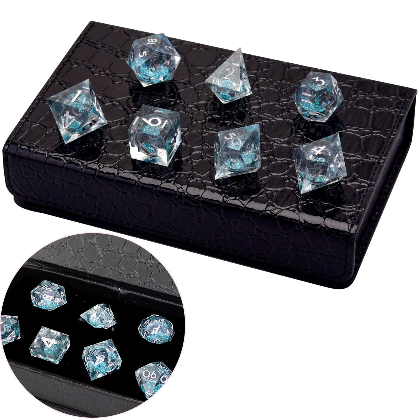 AUSTOR 7-Die Sharp Edge DND Dice Set – Liquid Quicksand Light Blue Resin Polyhedral Dice