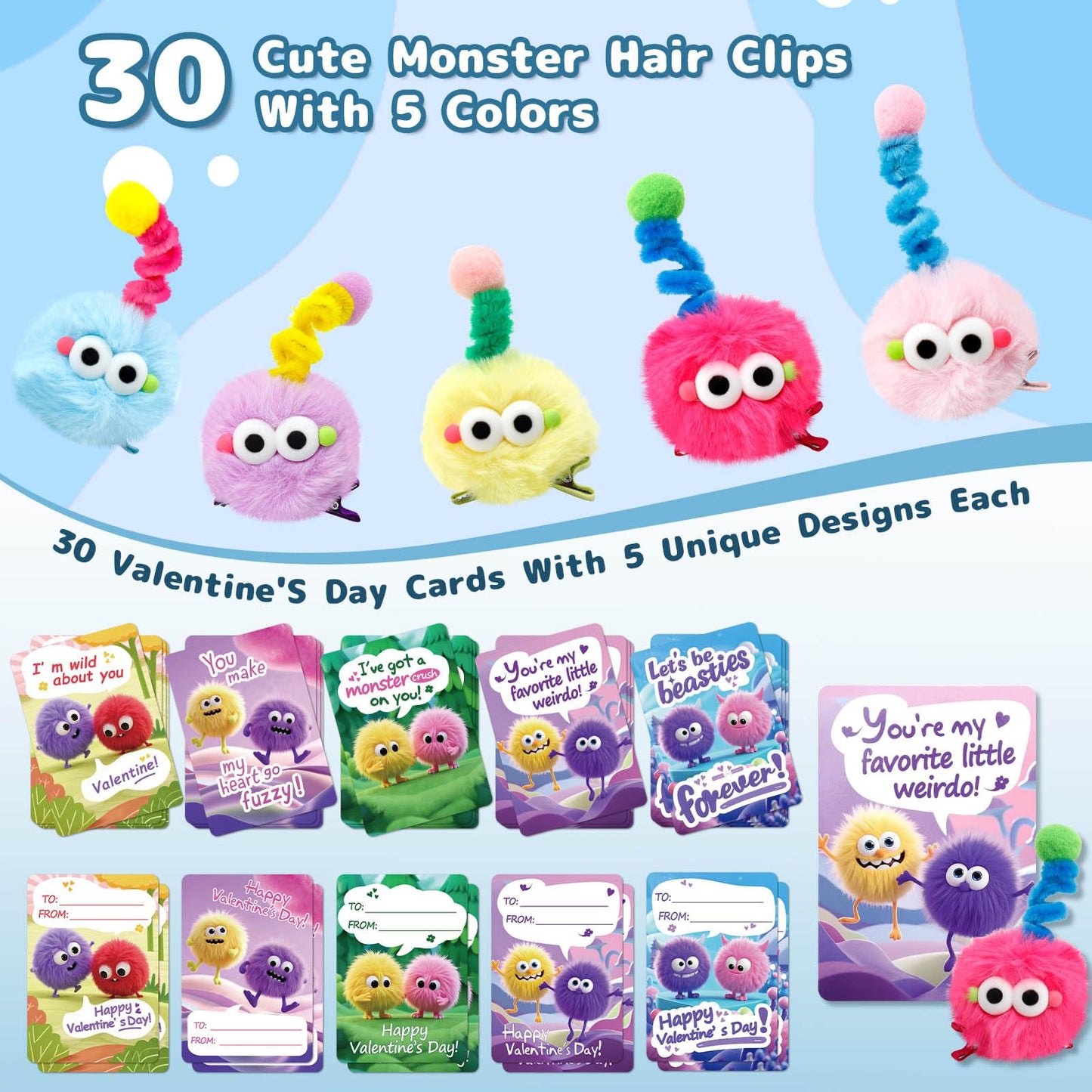 AUUGUU 30 Valentine Cards with Monster Hair Clips – Classroom Gift Set for Kids