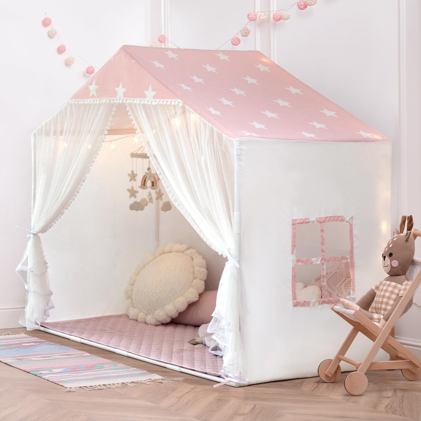 Avrsol Kids Play Tent with Mat – Large Pink Indoor Princess Playhouse with Pom Pom Curtains