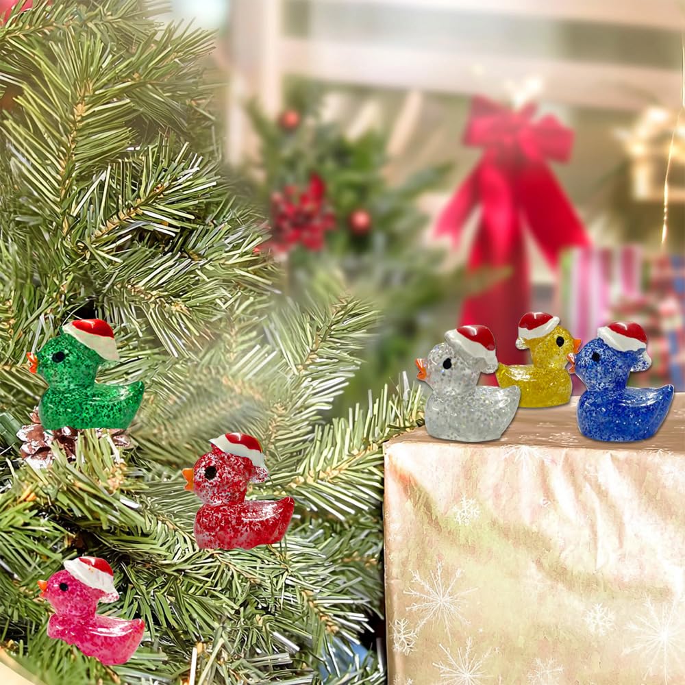 AWEELON 100Pcs Christmas Glitter Mini Resin Ducks | Luminous Tiny Ducks for Fairy Gardens, Dollhouses & Ornaments