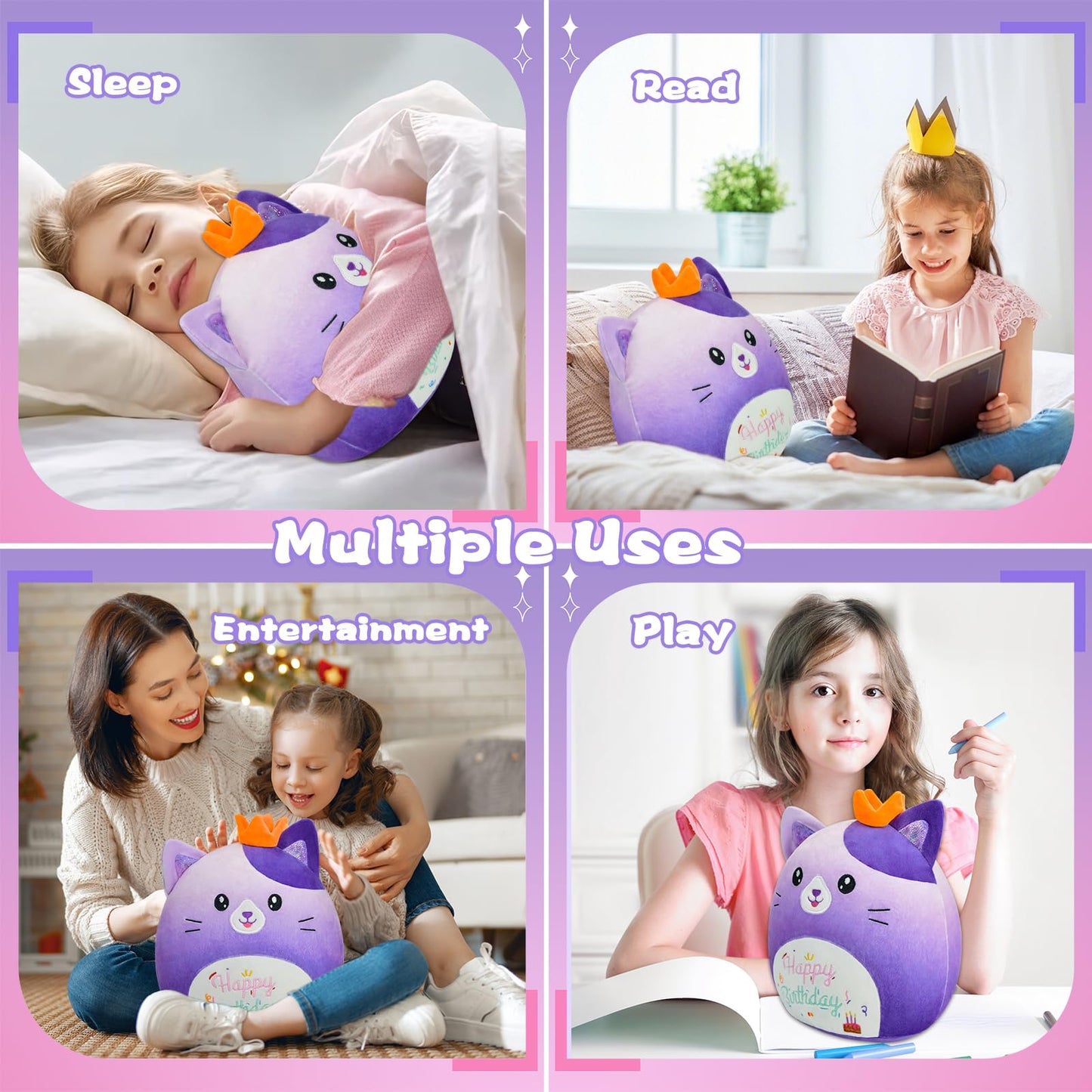 AWNOGKUE 14-Inch Gradient Purple Cat Plush – Soft Pillow & Birthday Gift for Kids