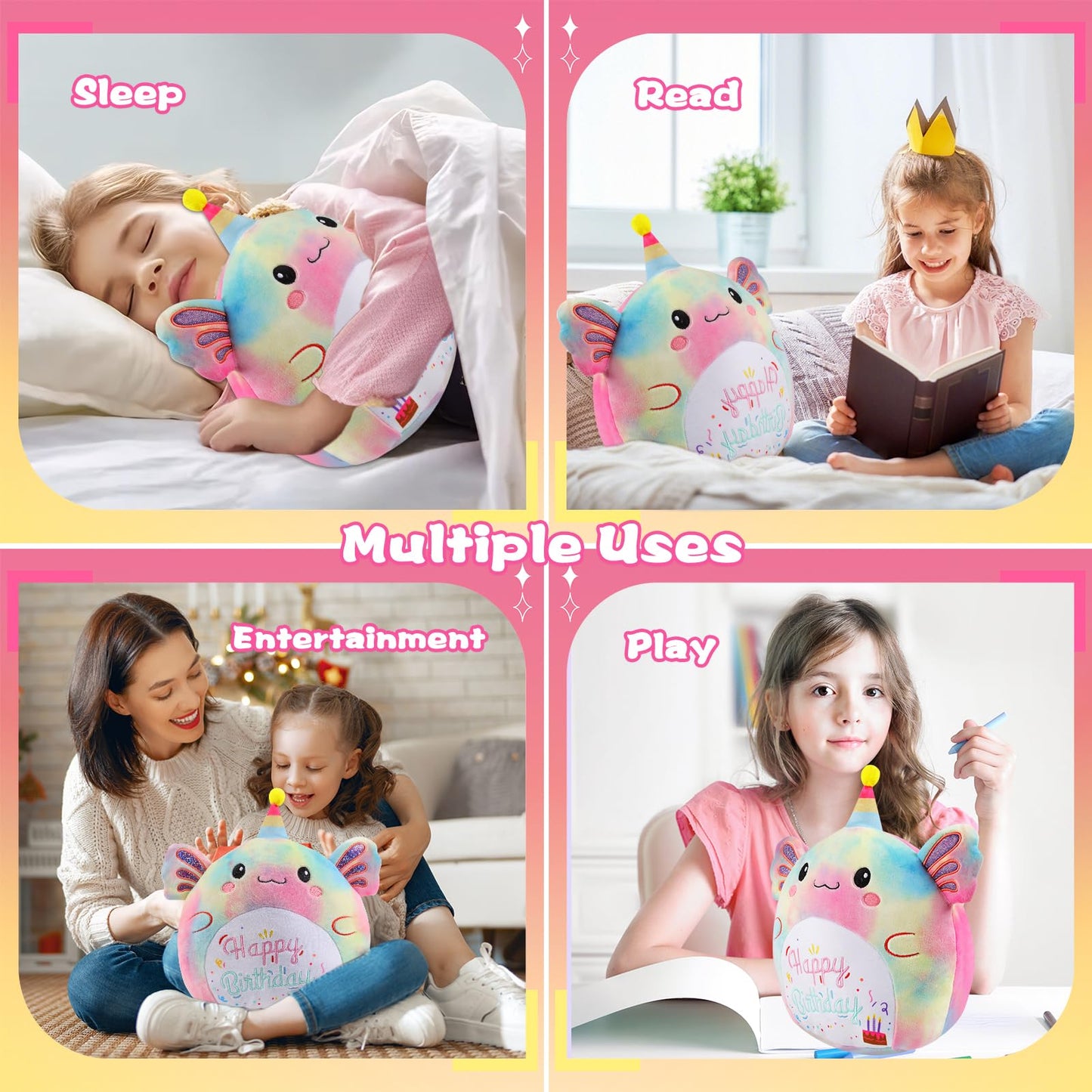 AWNOGKUE 14-Inch Axolotl Plush — Unicorn Tie-Dye Hug Pillow for Kids
