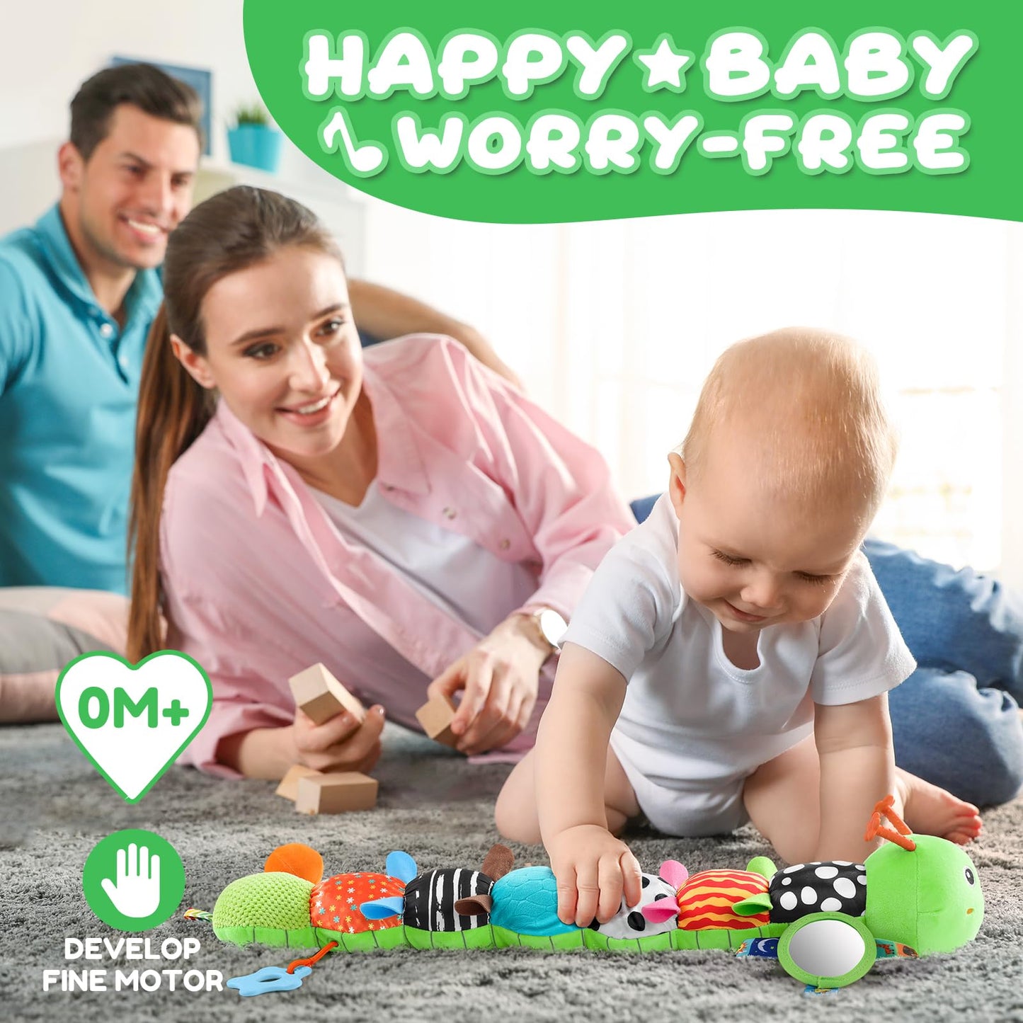 AWOTOY Baby Toys 0-6-12 Months | Multisensory Caterpillar Plush with Crinkle, Rattle & Mirror