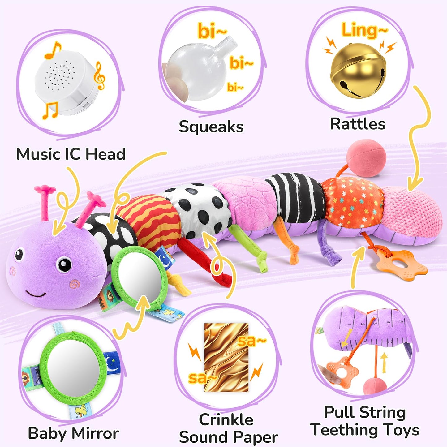 AWOTOY 8-in-1 Developmental Plush Caterpillar — Multi-Sensory Baby Toy for 0-12 Months
