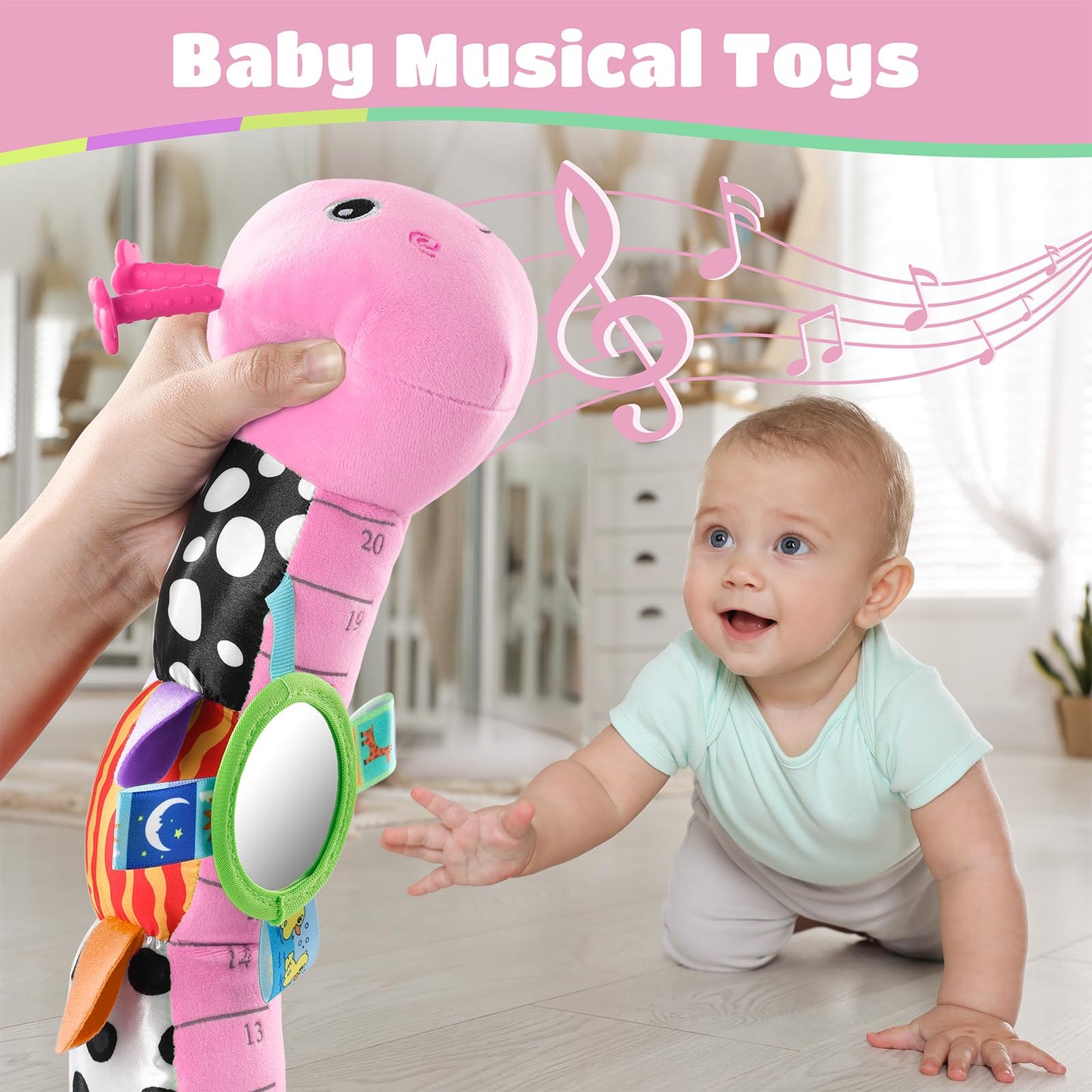 AWOTOY Baby Toys 6-12 Months – 6-in-1 Music Caterpillar with Mirror, Teether & Rattle