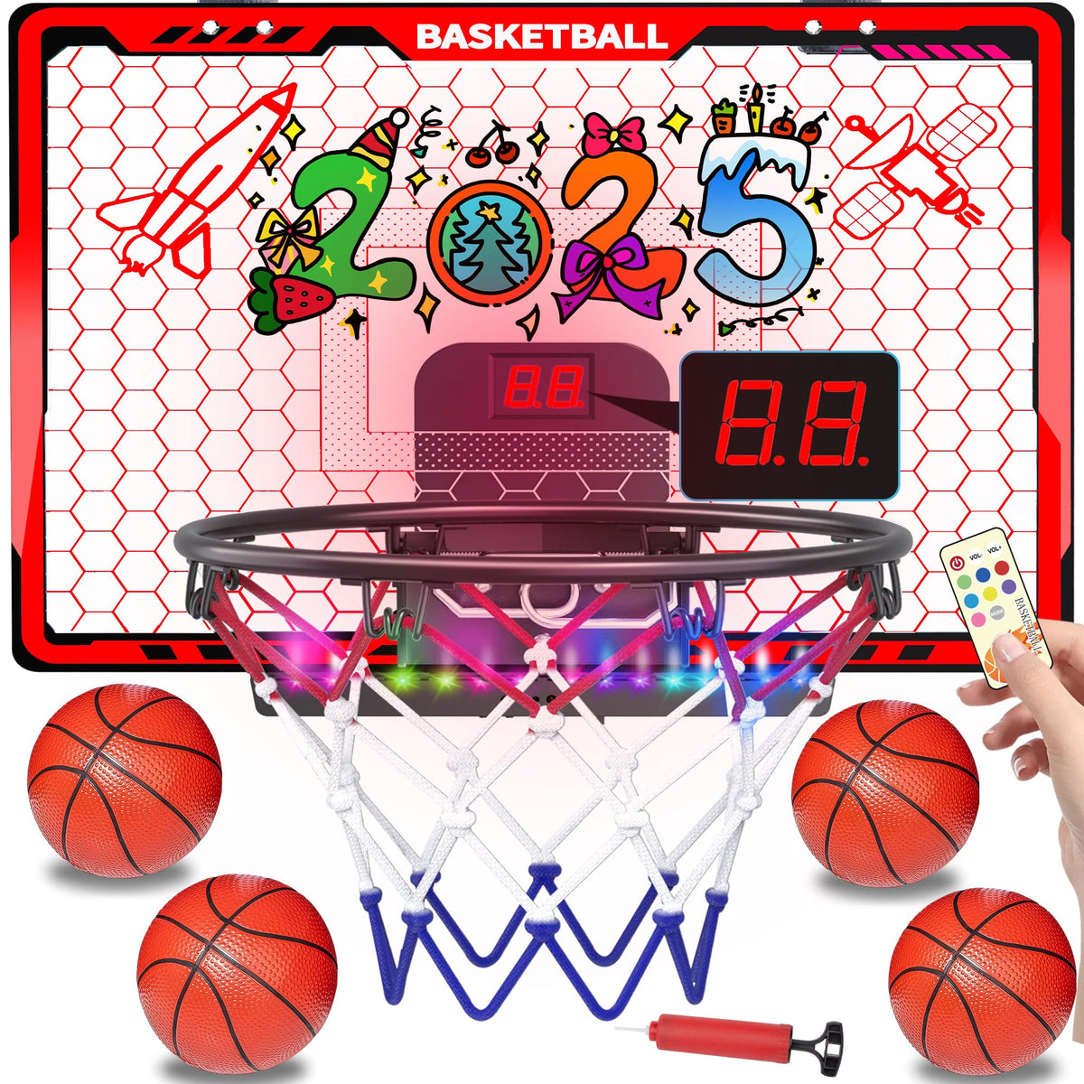 Awsoo Indoor Basketball Hoop for Kids with LED Lights, Scoreboard & 4 Balls – Door-Mount Mini Hoop (Red)