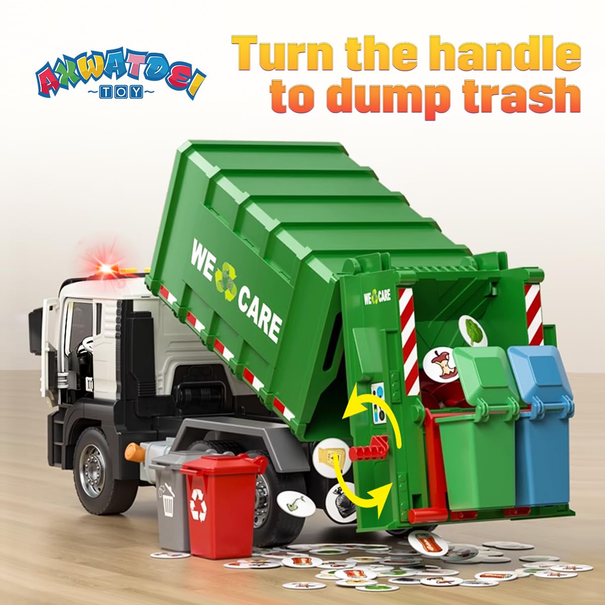 AXWATDEI Garbage Truck Toy – Large Friction-Powered Front-Load Dump Truck with 4 Bins