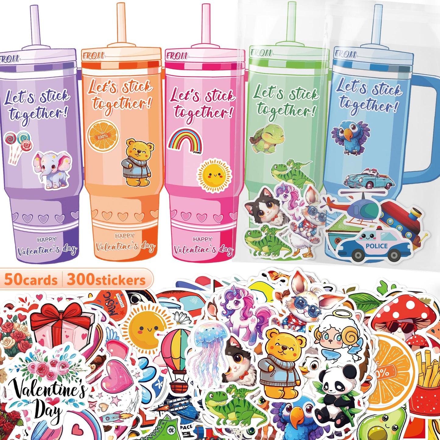 AYGXU Valentine’s Day Stickers Gift Set for Kids – 300 Stickers + 50 Cards