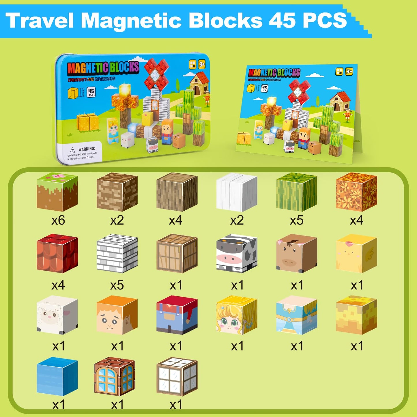 Aywewii Magnetic Blocks 45 PCS – Portable STEM Travel Toy for Kids 3-5 (Farm Edition 1)