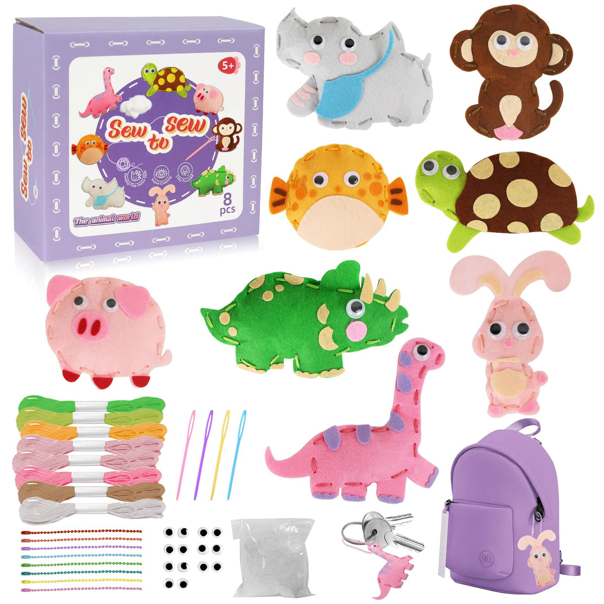 AzReference Kids Sewing Kits for Beginners — 8 Felt Animal Projects