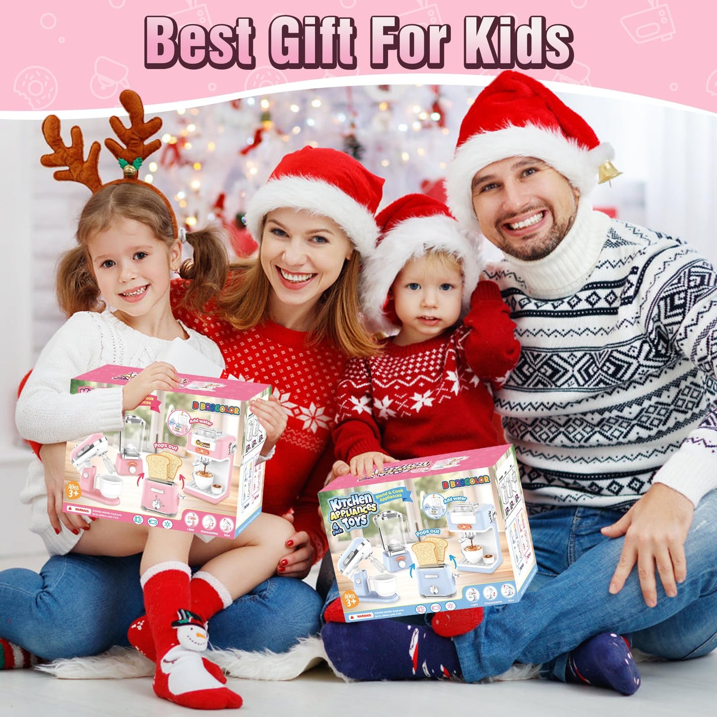 B Bascolor Kids Kitchen Toys Set - BPA-Free 7-Piece Pretend Play Appliances (Pink)