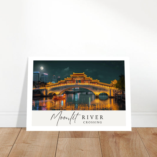 Moonlit River Crossing Poster - Illuminated Bridge Night Scene - Modern Landscape Wall Art Print