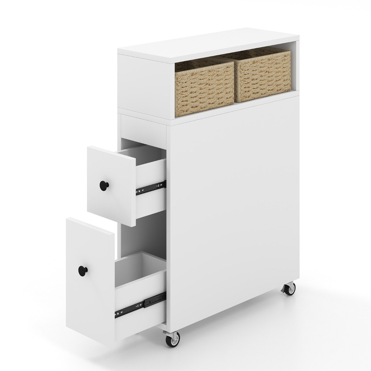 Slim Bathroom Storage Cabinet Movable with 2 Drawers and Baskets-White